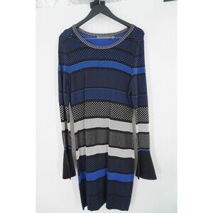 Alton Gray Multi-Stripe Knit Bodycon Dress Flare Bell Sleeves/Texture Detail XL